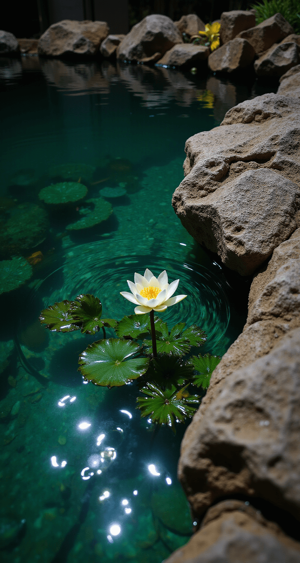 Intimate closeup of a pond edge at night, featuring illuminated water surface, natural stone edge, dancing underwater light patterns on rocks, emerging lotus flowers, scattered light on rippling water, metallic decorative elements, and rich emerald underwater plants.