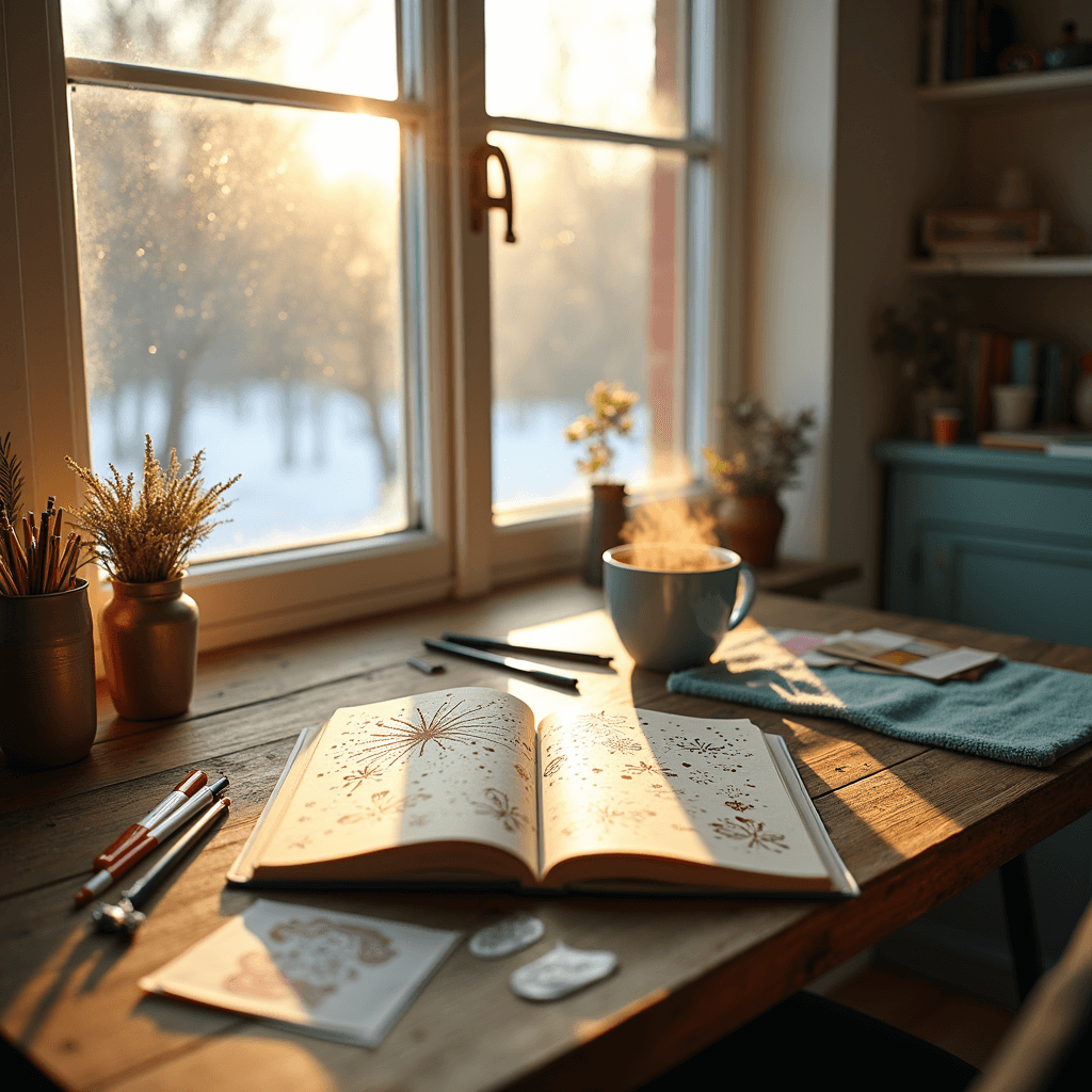 Cozy sunlit home office corner with rustic wooden desk, open bullet journal featuring hand-drawn metallic fireworks, scattered art supplies, and a steaming mug of coffee, surrounded by soft cream walls and a muted teal rug.