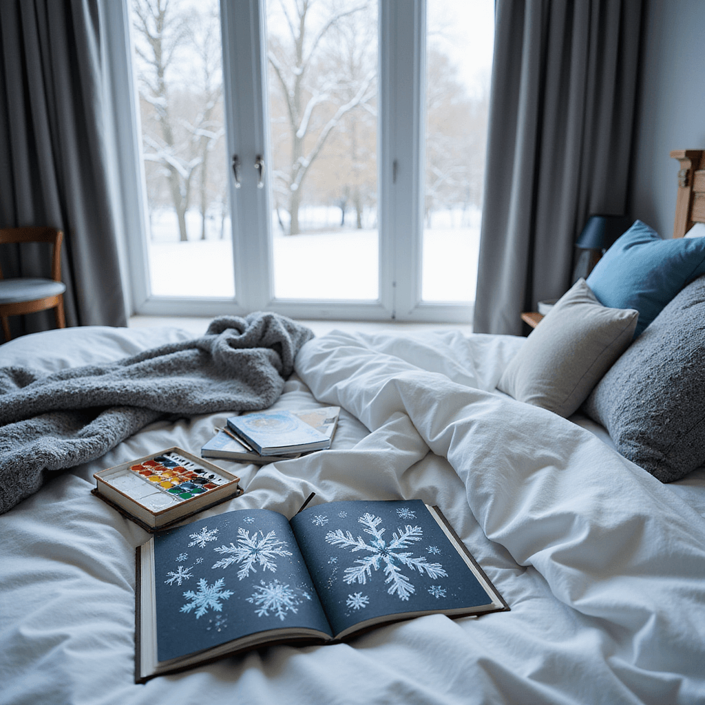 A cozy bedroom featuring a plush white duvet bed with an open bullet journal adorned with snowflake designs, surrounded by watercolor palettes and winter-themed books, all bathed in soft afternoon light with a snowy landscape outside the bay window.