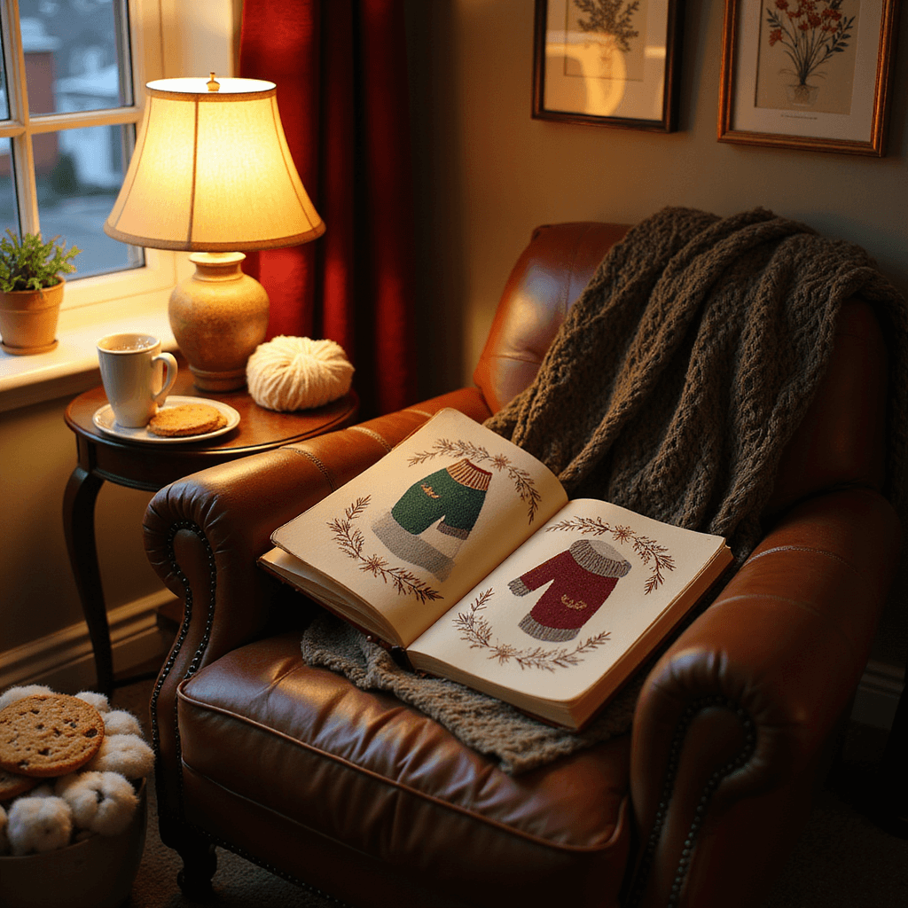 A cozy living room nook with a vintage leather armchair and an open bullet journal featuring hand-drawn mittens and scarves, warm lamplight creating a golden glow. Nearby, balls of yarn and cotton tufts add texture, with a steaming mug of hot cocoa and cookies on a side table, all set against taupe walls adorned with botanical prints.
