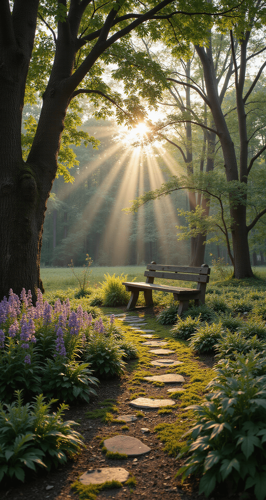 A tranquil woodland garden scene at golden hour, featuring a clearing surrounded by mature maple and oak trees. A meandering stone path leads to a weathered wooden bench amidst clusters of purple and white hostas, native ferns, and emerald moss. The soft light creates dappled shadows, while a mystical fog adds depth to the softly blurred background.