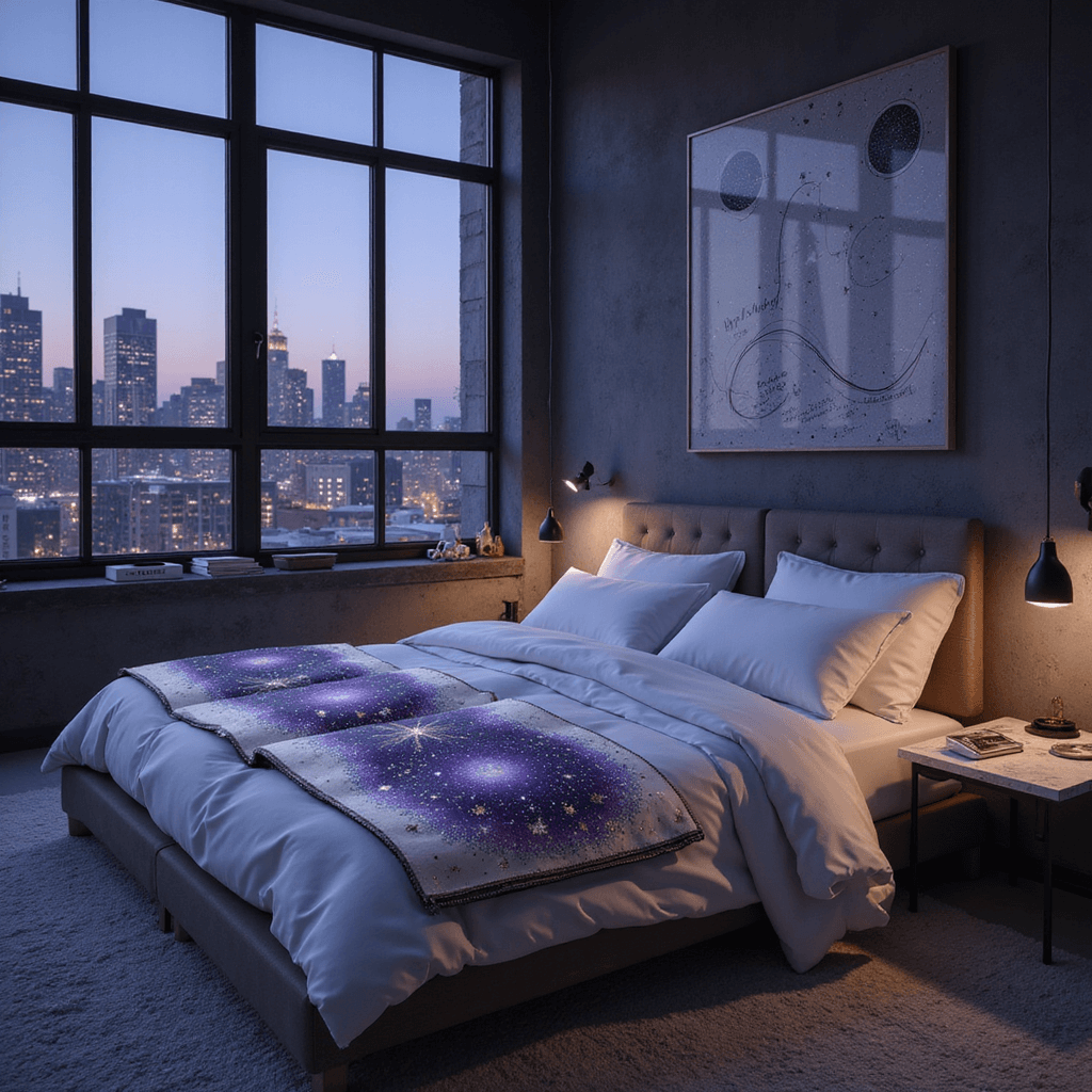 A modern loft bedroom at twilight features large industrial windows revealing twinkling city lights. In the center, a low-profile platform bed with crisp white linens holds an open bullet journal adorned with celestial designs against a deep purple sky. Scattered star charts, metallic pens, and a small telescope are present, with minimalist decor in cool grays and deep purples accented by metallic touches. The high-angle view highlights the journal's intricate theme against the nightscape.