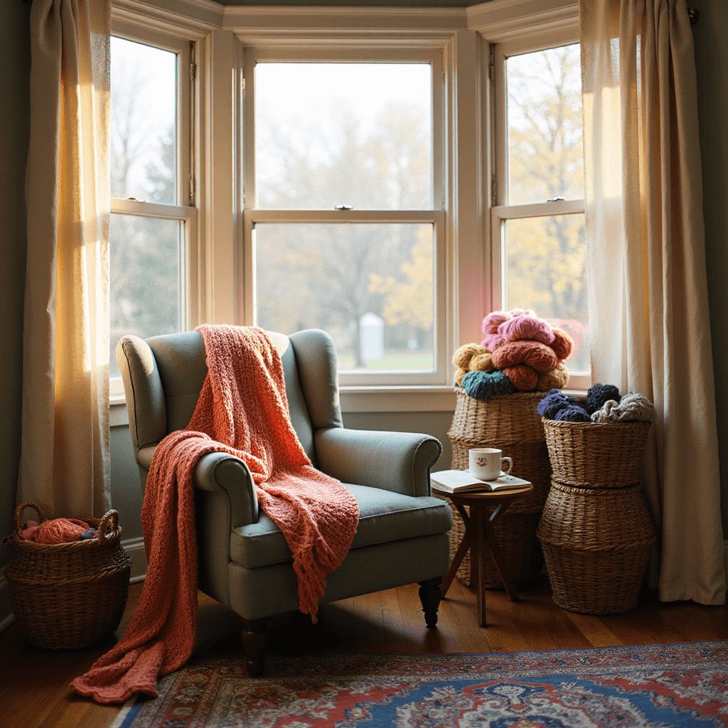 A cozy knitting nook with a plush sage green armchair, a half-finished coral knit blanket, a steaming mug of tea, and an open book, bathed in soft afternoon light from a bay window with cream curtains. Wicker baskets filled with colorful yarn and a vintage Persian rug add warmth to the hardwood floor.