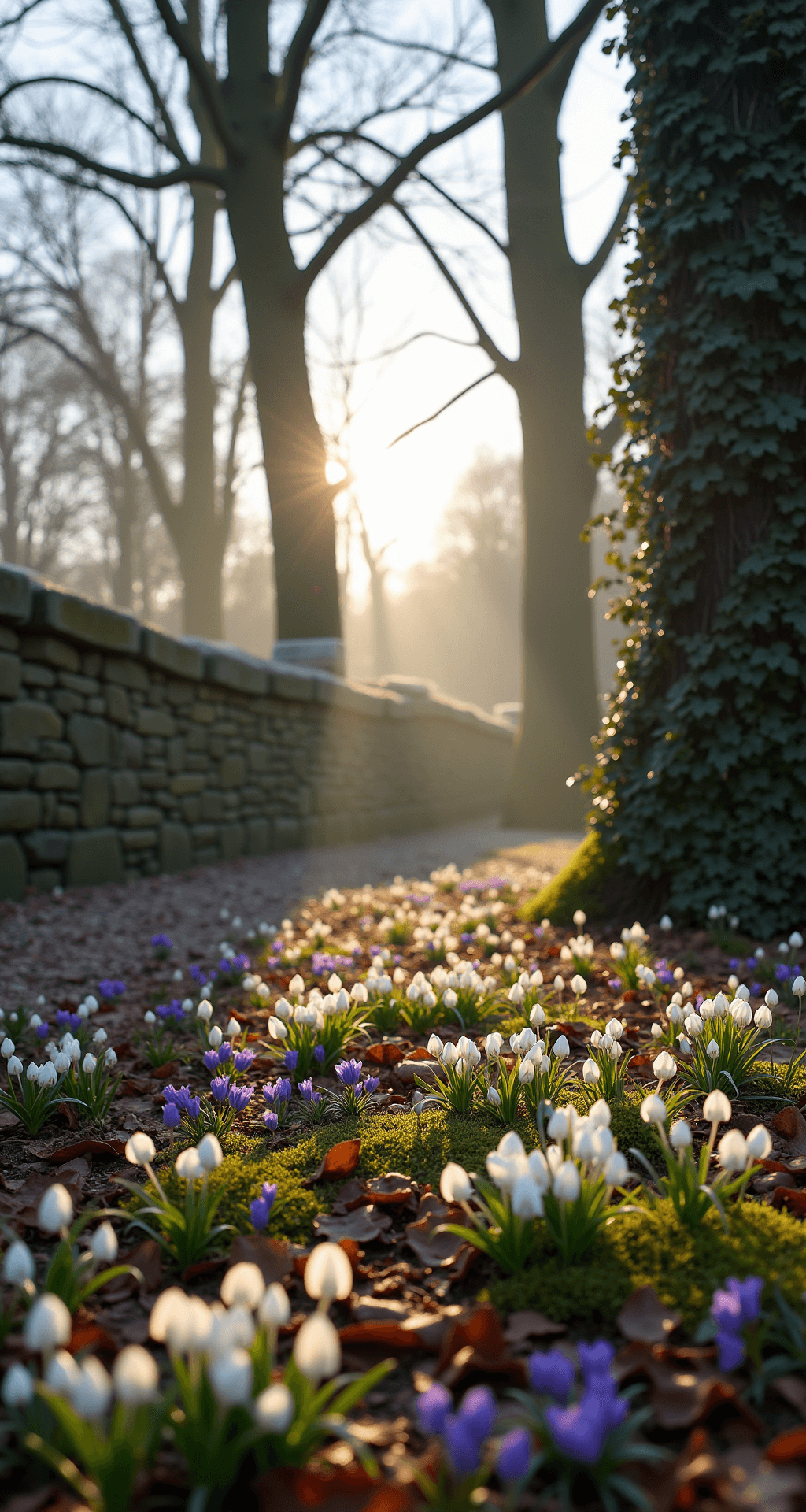 A low-angle view of a woodland garden at dawn, featuring tall dogwood trees in full bloom with white petals illuminated by soft light. The ground showcases emerging snowdrops and blue crocuses among bronze leaf litter, with a stone retaining wall covered in climbing hydrangea. A cool morning mist creates an atmosphere of freshness and awakening.
