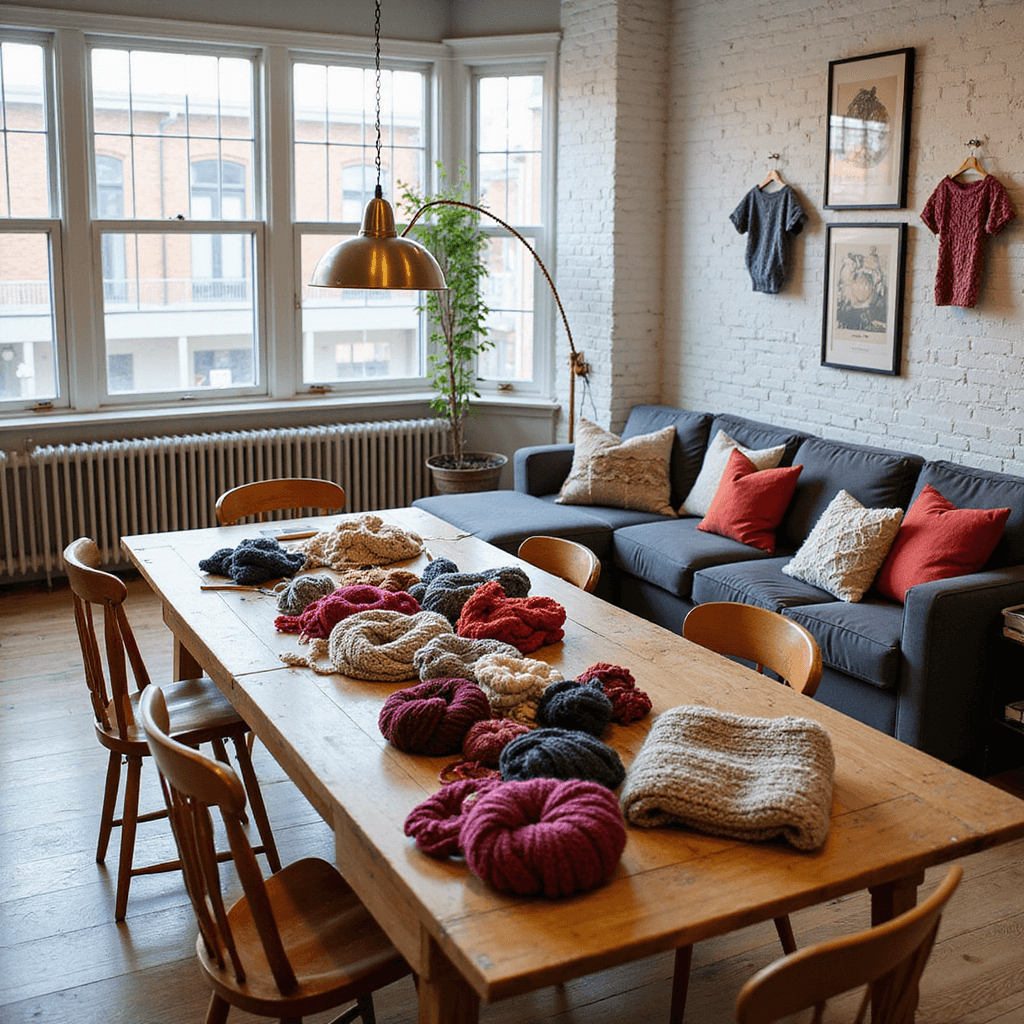 A bright and inviting DIY knitting workshop in a modern living room, featuring a large farmhouse table surrounded by mismatched chairs, covered with colorful yarns and knitting projects. A charcoal gray sectional sofa displays finished knit items, and whitewashed brick walls are adorned with framed patterns. The scene is well-lit with natural and additional warm lighting, captured from a slightly elevated angle.