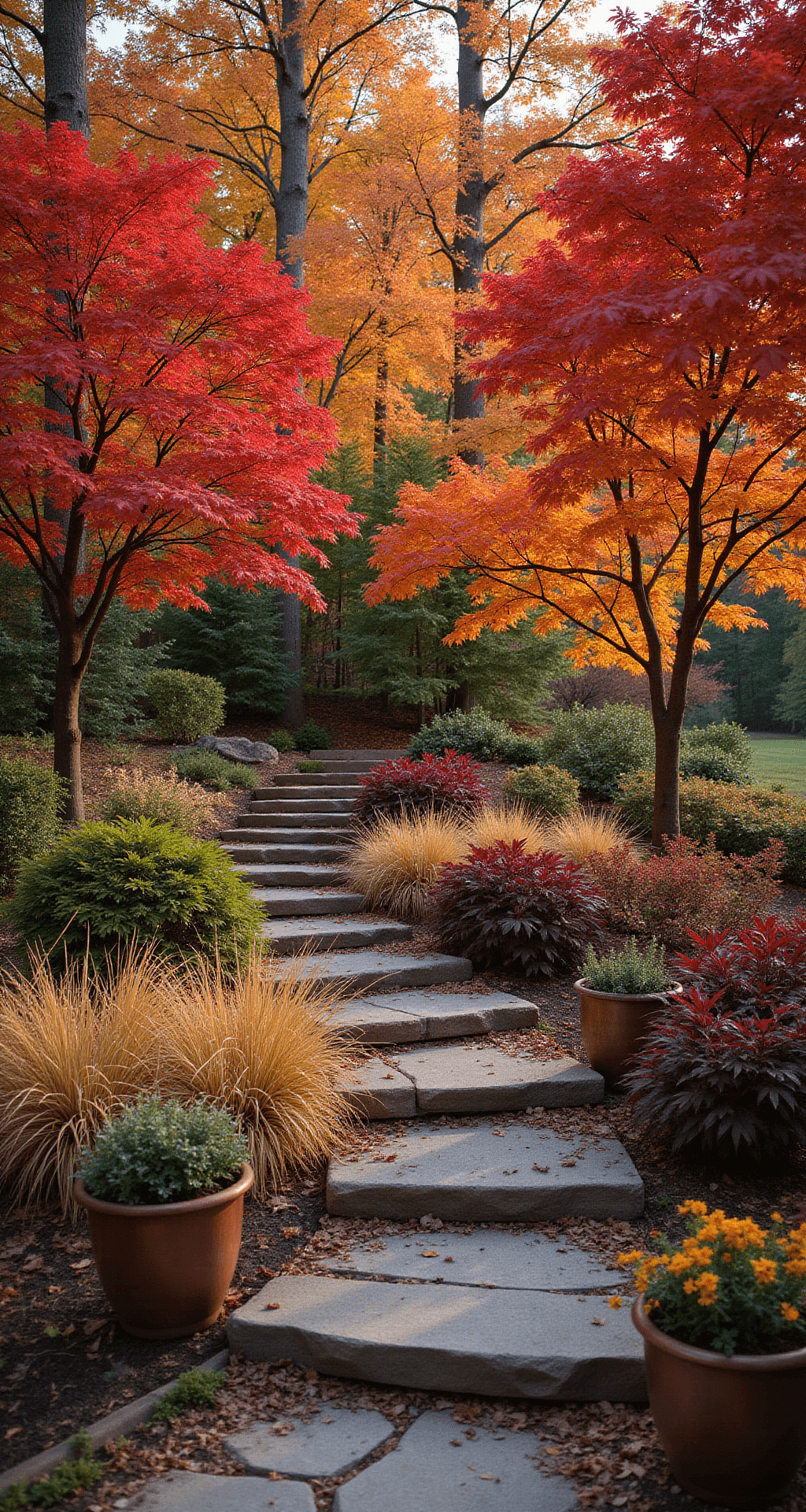 Wide-angle view of an autumn woodland garden at sunset, featuring vibrant Japanese maples in crimson and orange hues, illuminated by uplighting. Stone steps descend through gold Japanese forest grass and burgundy heuchera, complemented by aged copper containers filled with seasonal arrangements. Rich jewel tones create a warm, inviting atmosphere.