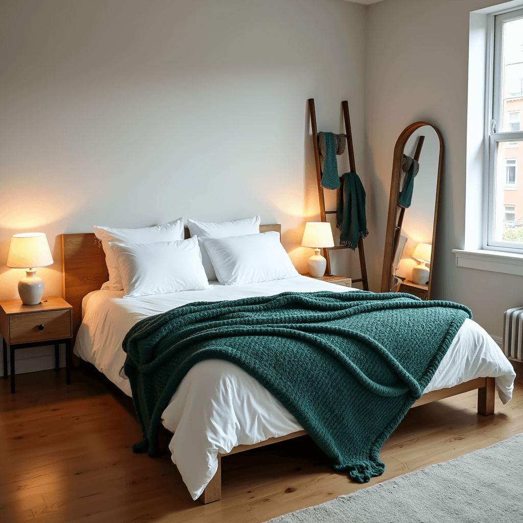 A serene bedroom with a king-size bed dressed in white linens and an oversized emerald green chunky knit blanket, illuminated by dawn light. Simple nightstands with warm ceramic lamps flank the bed, and a full-length mirror reflects a knit beanie and scarf set on a decorative ladder. The pale gray walls and oak flooring enhance the tranquil atmosphere.