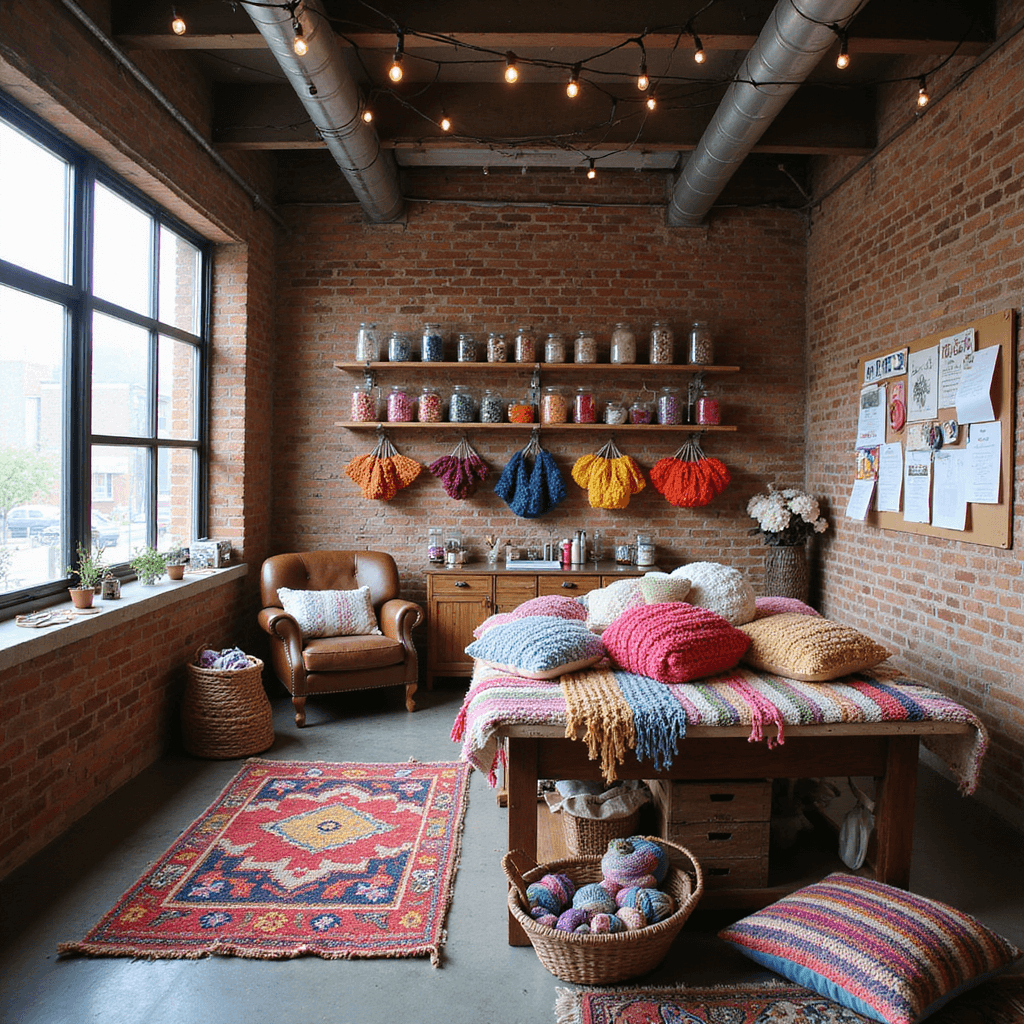 An eclectic craft room filled with colorful chunky knit creations, featuring exposed brick walls, industrial windows, and a central island workspace, with yarn in glass jars, a vintage leather armchair, string lights, and a large mood board, all captured from a corner angle.