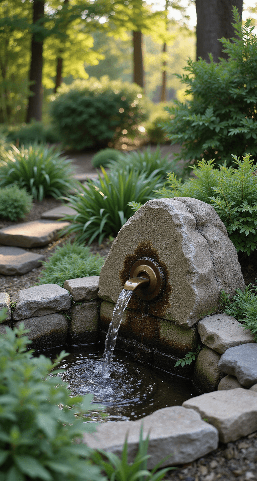 A serene woodland water feature featuring a natural stone fountain surrounded by river rocks and native sedges, illuminated by morning light that highlights water droplets, with glossy green rhododendrons in the background and a subtly integrated drip irrigation system.
