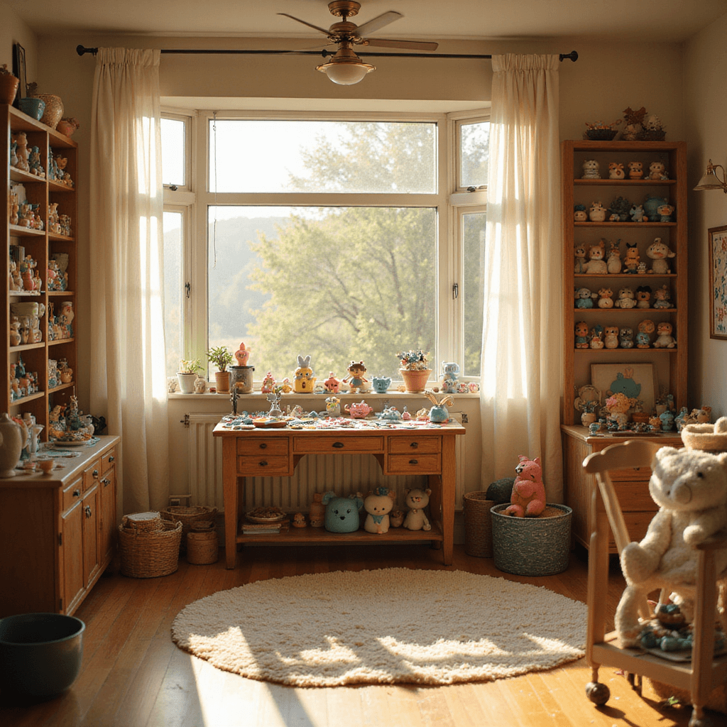 A cozy craft room filled with soft morning light, featuring a large bay window, vintage wooden table covered in pastel air dry clay and sculpting tools, and shelves displaying mini kawaii characters. The warm wood floor is partially covered by a plush cream rug, all captured from eye level with a wide-angle lens.