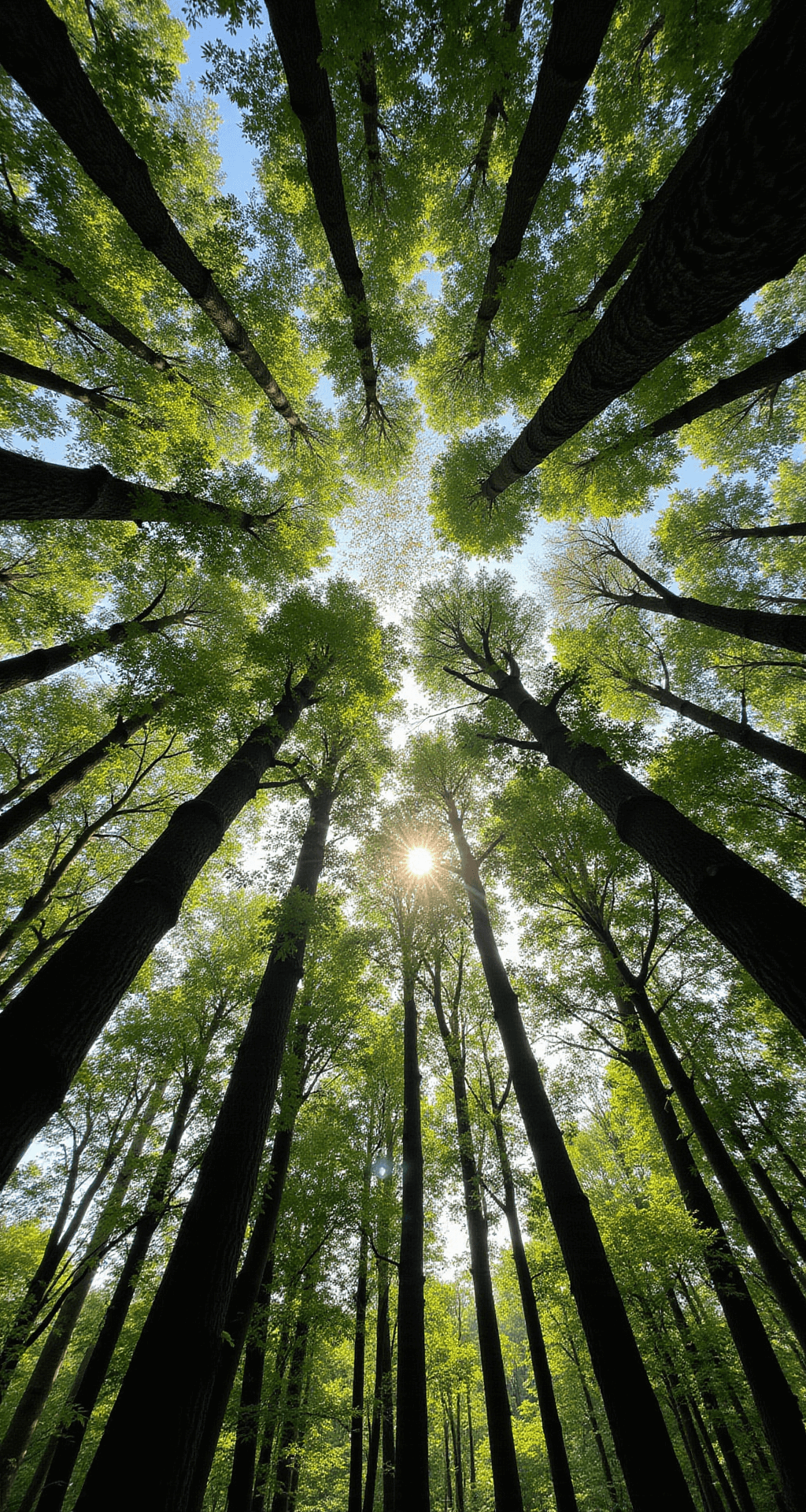 A canopy view looking up through tall oak and beech trees, illuminated by late afternoon sunlight creating dramatic light patterns. The scene features understory trees and climbing vines, surrounded by deep forest greens with golden light accents, evoking a majestic and cathedral-like mood.