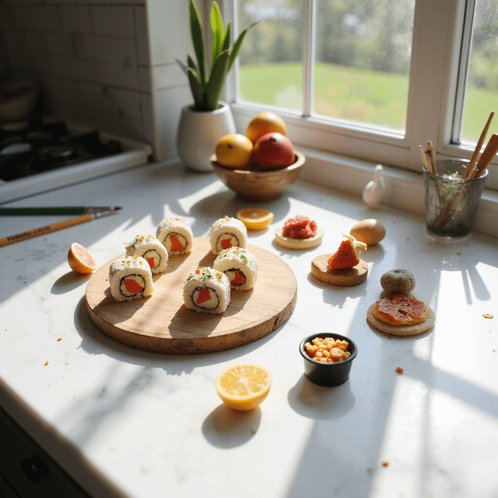 A sunlit kitchen counter featuring a miniature food scene with tiny clay sushi rolls, pizzas, and fruit on a white marble surface, surrounded by crafting tools and a mat, all highlighted by soft afternoon light and macro photography focusing on the intricate details.