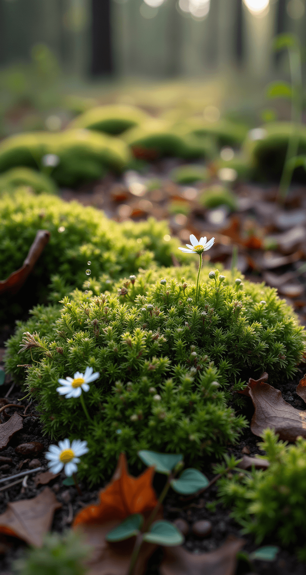 A close-up view of a woodland garden floor featuring emerald moss, delicate ferns, and native wildflowers, illuminated by early morning dew. Fallen leaves and natural debris enhance the authenticity of the scene, showcasing rich browns and varied greens with small bursts of colorful flowers, creating an intimate nature study atmosphere.