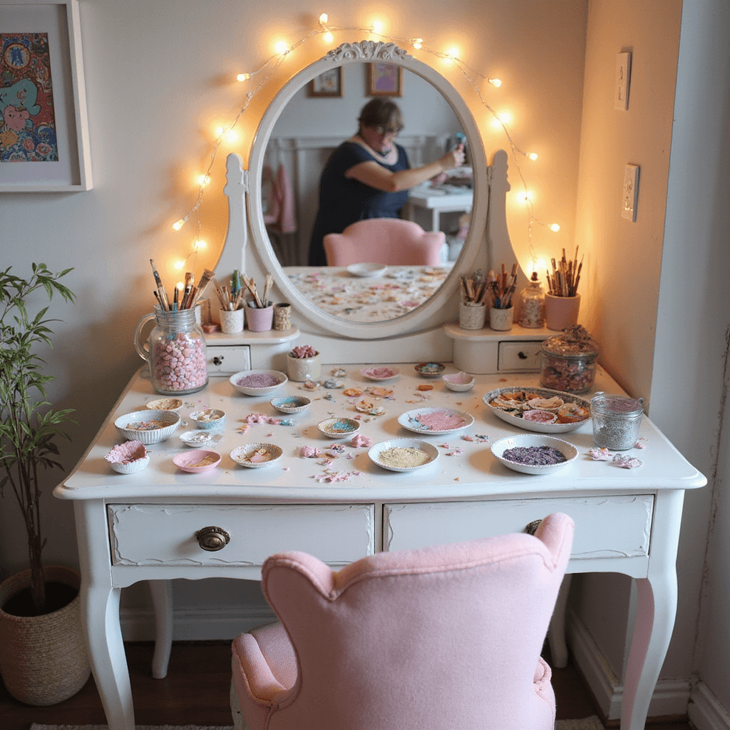 A whimsical bedroom vanity workshop with an antique white vanity, oval mirror, and warm fairy lights. The tabletop is filled with pastel clay, some shaped into trinket dishes with tiny faces, along with colorful paint palettes, brushes, and glitter pots. A plush pink chair invites creativity, all captured from a slightly elevated angle in soft, diffused lighting.