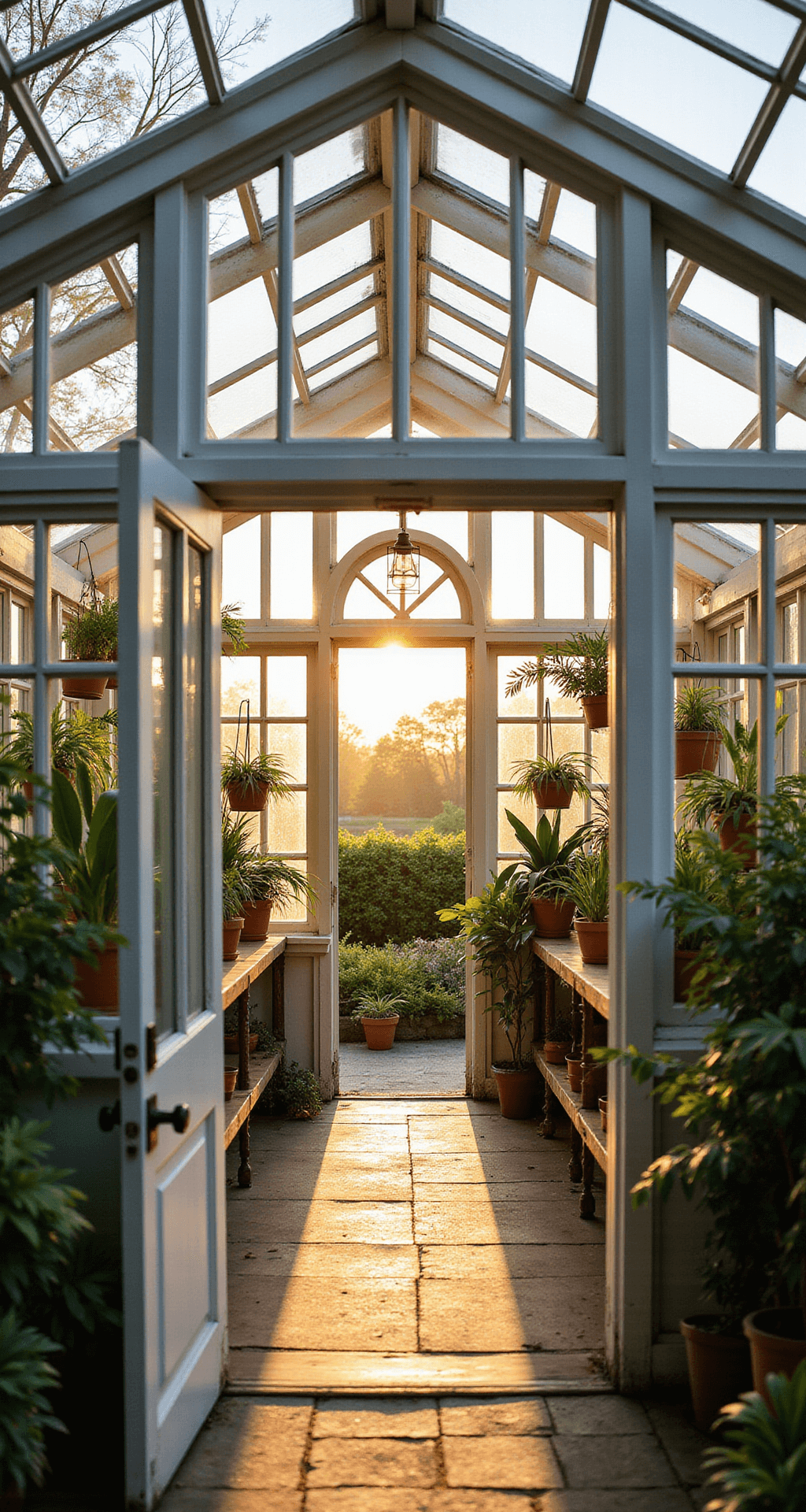 A sunlit Victorian-style greenhouse with white wrought iron framework, vintage wooden potting benches filled with orchids and ferns, and warm golden hour light creating dramatic patterns, viewed from the entrance doorway.