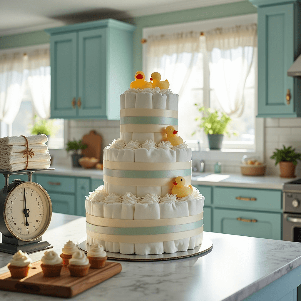 A bright kitchen featuring pale blue cabinets and white subway tile, showcasing a three-tiered diaper cake adorned with pastel ribbons and rubber ducks, with sunlight streaming through gauzy curtains and potted herbs adding greenery. In the foreground, a wooden cutting board displays diaper cupcakes with fondant toppers.