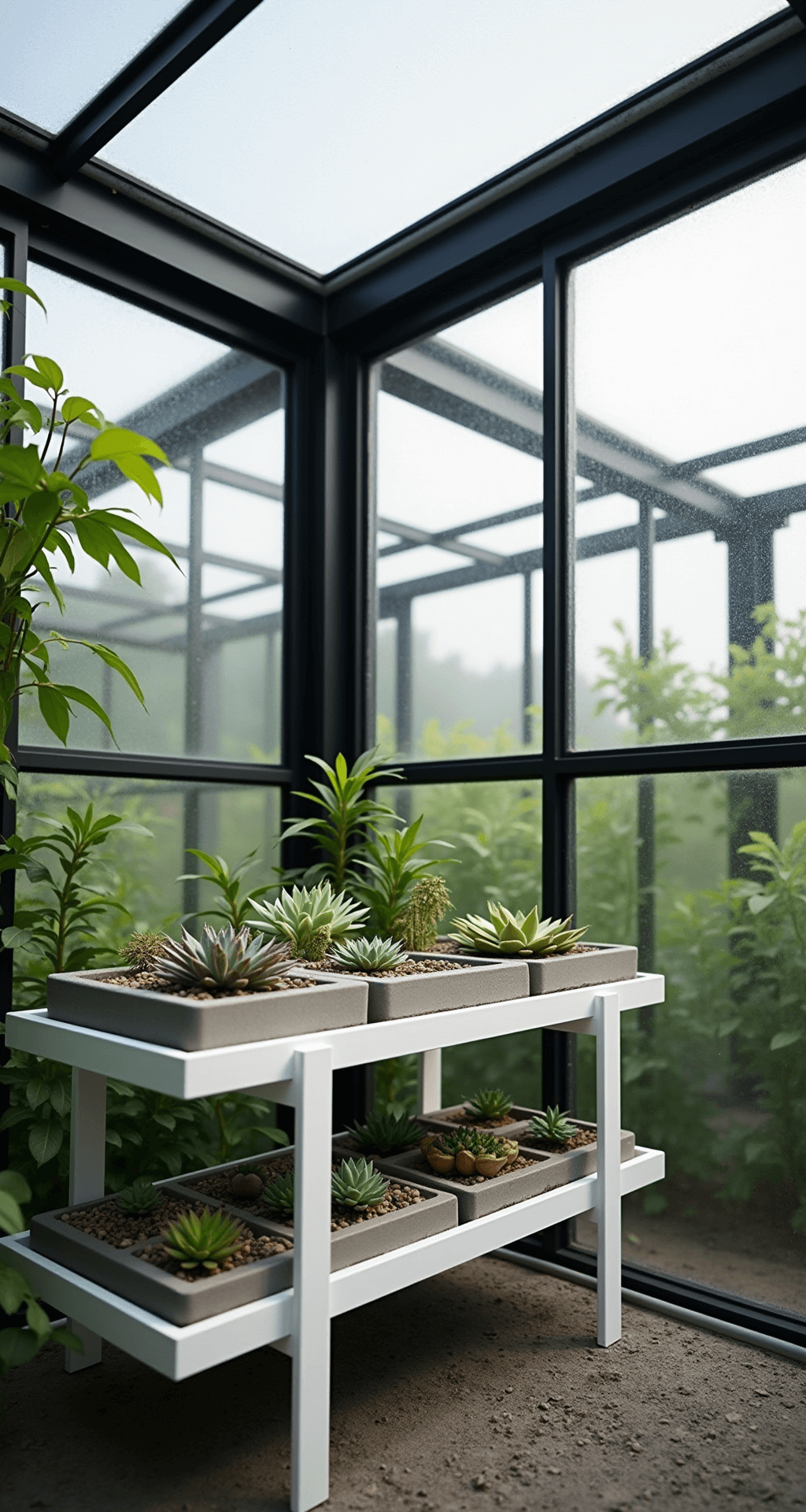 Modern minimalist greenhouse with black aluminum frame and lush greenery, featuring polycarbonate panels, automated venting, and geometric concrete planters with succulents on white metal shelving, photographed from a 45-degree angle in soft diffused light.