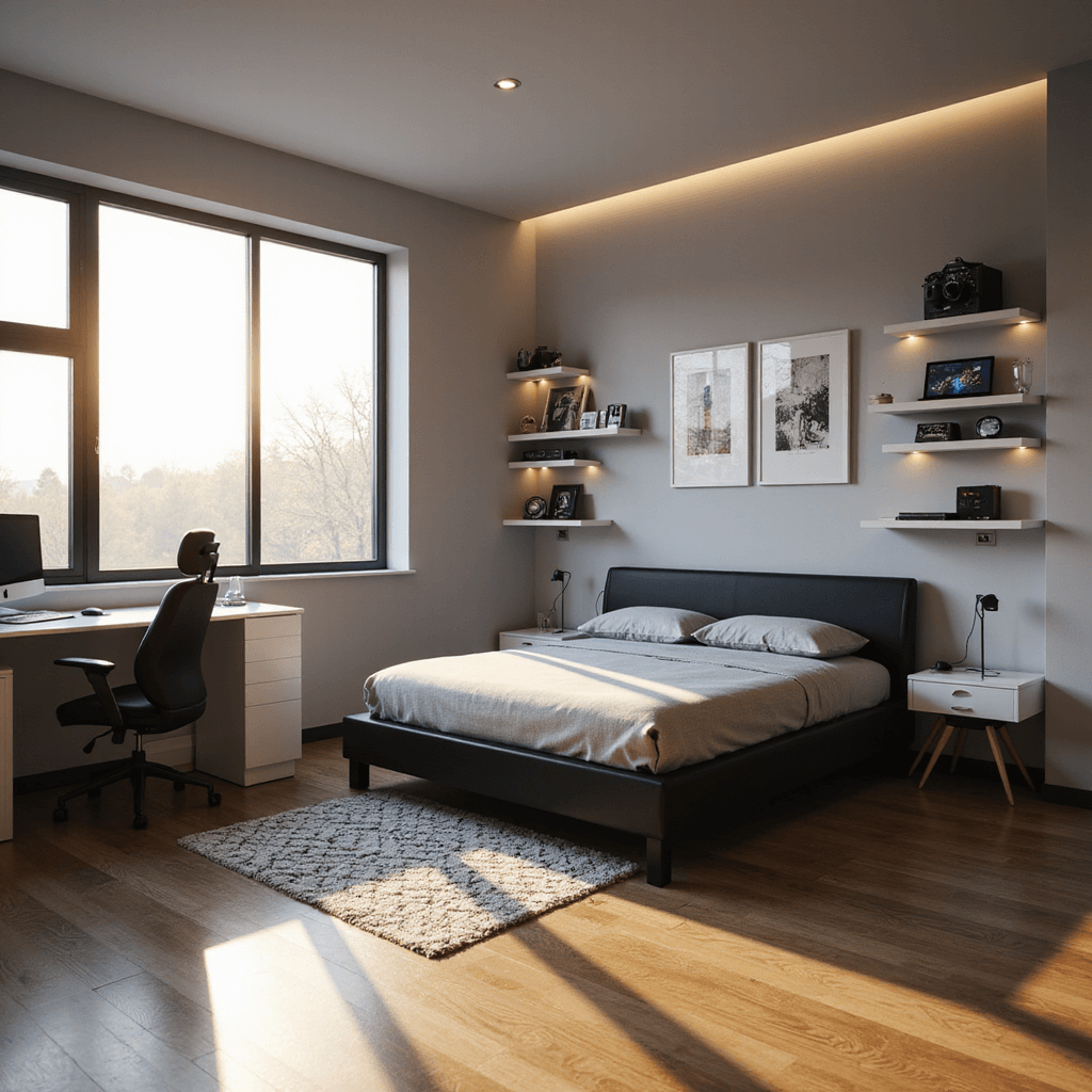 A modern minimalist teen bedroom featuring a matte black platform bed, light gray walls, and a white desk with an ergonomic gaming chair, illuminated by golden hour light through floor-to-ceiling windows. Floating shelves display gaming memorabilia, and a monochromatic geometric area rug anchors the space. Smart LED strips provide ambient lighting, with cable management and a wireless charging pad visible on the desk. The image captures the serene and sophisticated atmosphere from a corner perspective at eye level.
