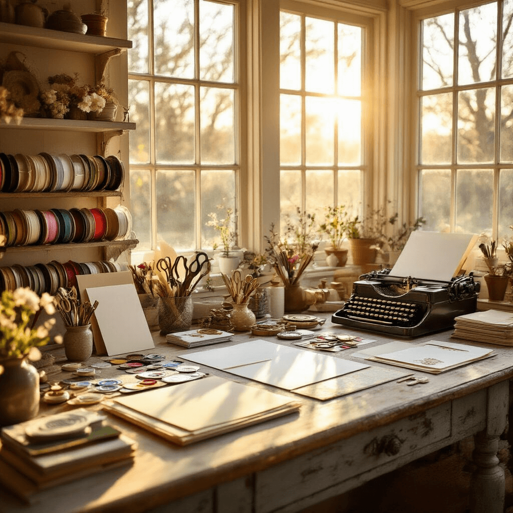A sunlit craft room filled with workspace supplies for invitation making, featuring large windows, a central workstation with ivory cardstock and colorful paper samples, ornate scissors, embossing tools, wax seals, and shelves of ribbons and pressed flowers, all captured from a high angle view in warm natural light.