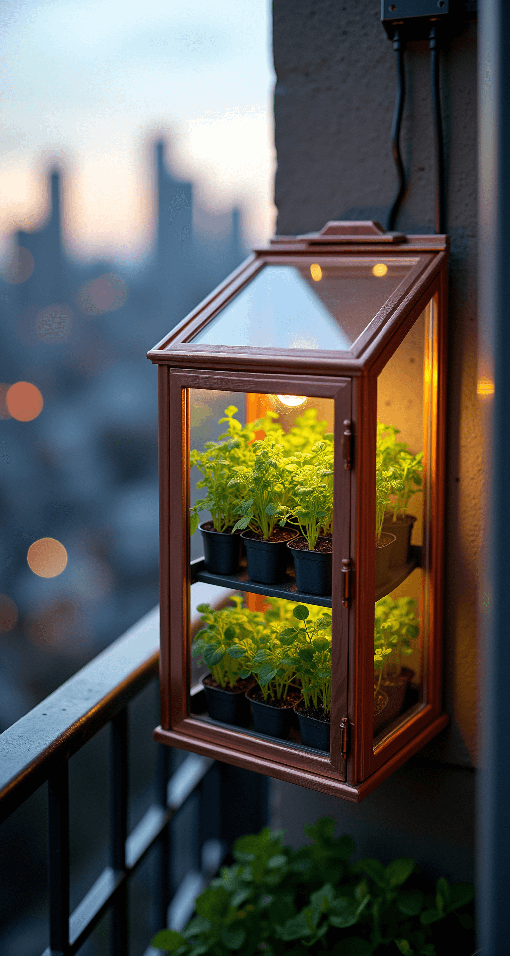 Intimate balcony greenhouse featuring a compact glass cabinet on an urban apartment railing, showcasing vertical gardening with herbs and microgreens, illuminated by morning light with copper and rose gold accents, and a city skyline blurred in the background.