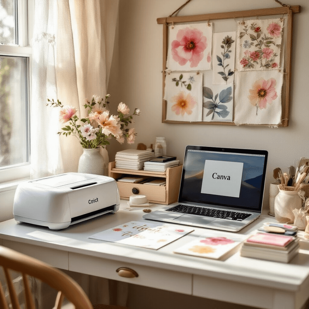 Close-up of a DIY invitation assembly station featuring a Cricut machine, a laptop open to Canva, stacked invitation components, and drying watercolor washes. Custom stamps and ink pads are organized in a vintage drawer, while a mood board with fabric swatches and pressed flowers is displayed above. Soft morning light filters through sheer curtains, creating a serene and artistic atmosphere.