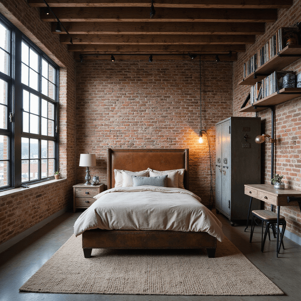 A loft-style teen retreat featuring an exposed brick accent wall, reclaimed wood beam ceiling, and industrial-style window. The room includes a queen bed with a distressed leather headboard, vintage metal locker wardrobe, and raw steel pipe shelving for vinyl records, illuminated by a mix of natural light and vintage edison bulbs, all captured from an elevated perspective.