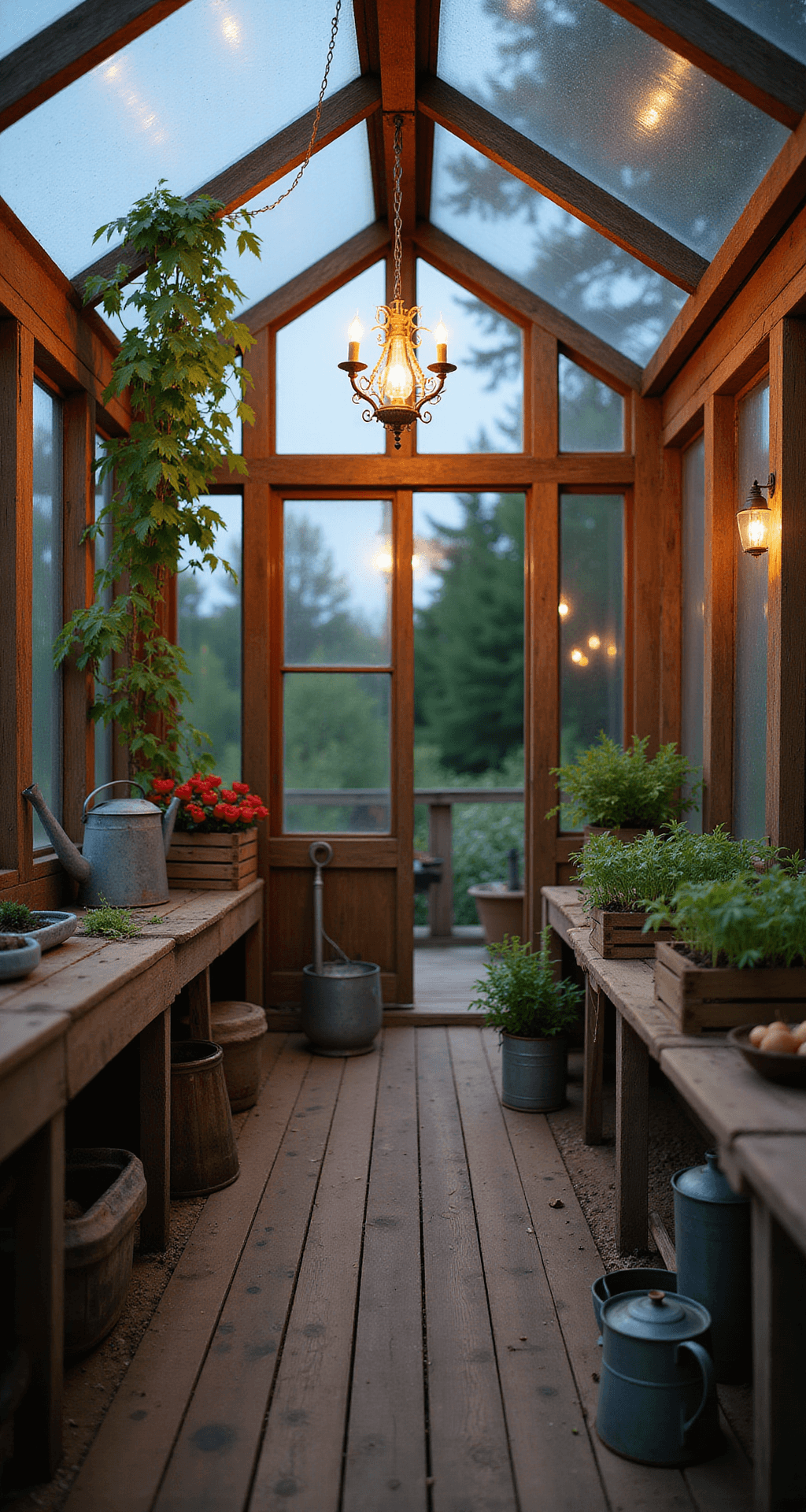 Interior of a rustic farmhouse greenhouse at dusk, featuring a reclaimed wood and glass structure with a vintage chandelier, heritage tomato vines on twine supports, wooden crates of seedlings, and styled with weathered zinc watering cans and antique garden tools, shot from a corner angle to highlight the moody atmosphere and textures.