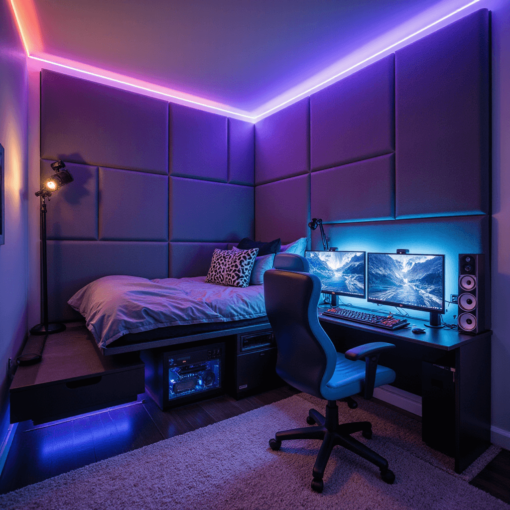 A modern gaming den featuring an L-shaped gaming station with dual monitors, illuminated by programmable RGB lighting. The space includes charcoal gray acoustic panels, an electric blue leather gaming chair, and a built-in cable management system with illuminated ports. An elevated bed platform with LED underglow enhances the cyberpunk aesthetic, captured at camera height during dusk.
