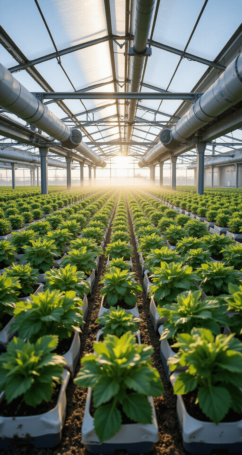 A professional-grade 30x40 foot greenhouse filled with rows of vegetable seedlings on metal shelving, showcasing automated climate control systems and misting that creates rainbow light effects, captured from an elevated angle to highlight geometric plant arrangements and integrated industrial fans and heating systems.