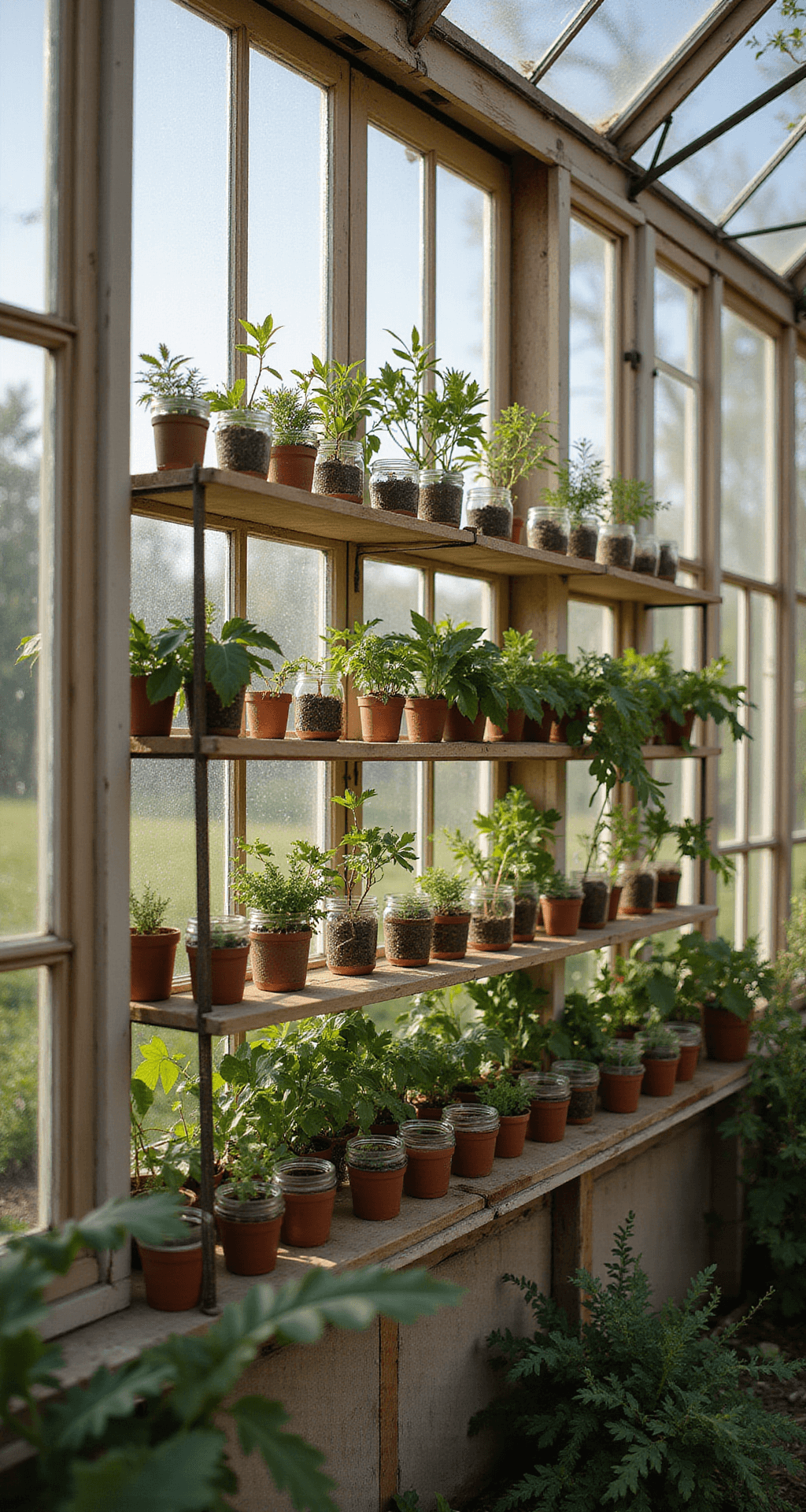 A budget-friendly DIY greenhouse featuring an 8x10 foot polycarbonate structure adorned with upcycled window frames, showcasing handmade wooden shelving filled with propagated plants in mason jars, illuminated by afternoon light with whimsical string lights in a softly blurred background.