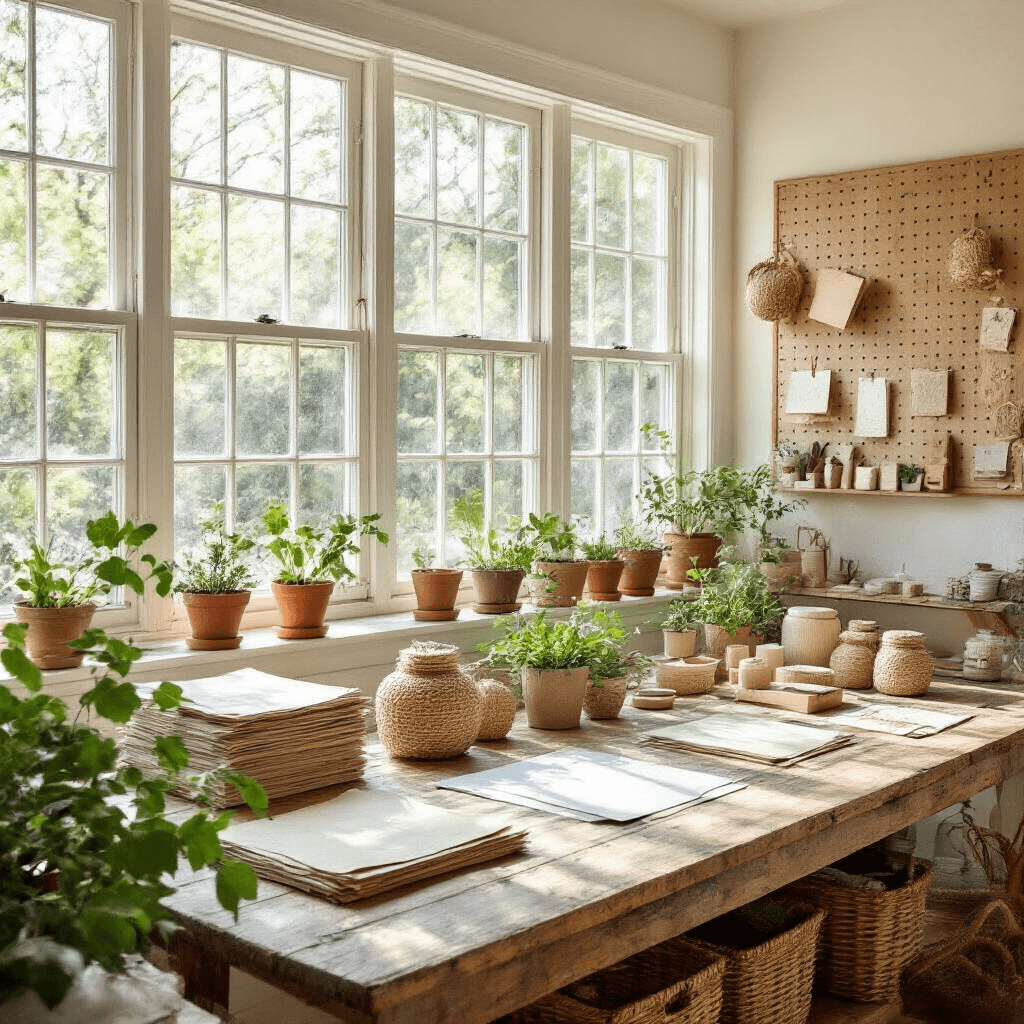 A bright sunroom filled with natural light, featuring a rustic farmhouse table adorned with recycled paper stocks and seed paper samples, surrounded by potted herbs and succulents. A pegboard wall organizes eco-friendly crafting supplies, and woven baskets store additional materials, creating an inviting and sustainable craft space.