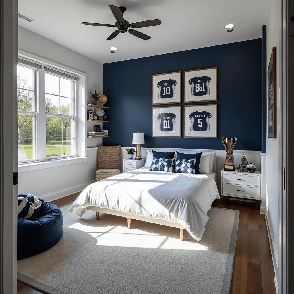 Bright sports-themed sanctuary featuring a navy blue accent wall adorned with framed jerseys and memorabilia, a queen bed with white linens and navy/gray pillows, and a custom storage unit displaying trophies, all bathed in morning light.