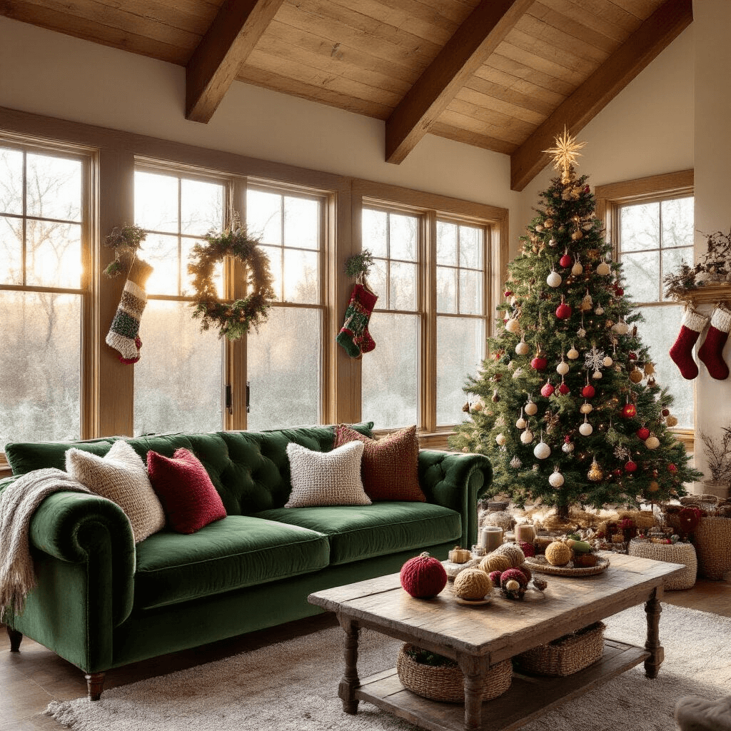 A cozy living room with vaulted ceilings, featuring a green velvet sofa, a Christmas tree decorated with handmade knitted ornaments, and a rustic coffee table displaying yarn and knitting needles, all bathed in warm golden hour light.