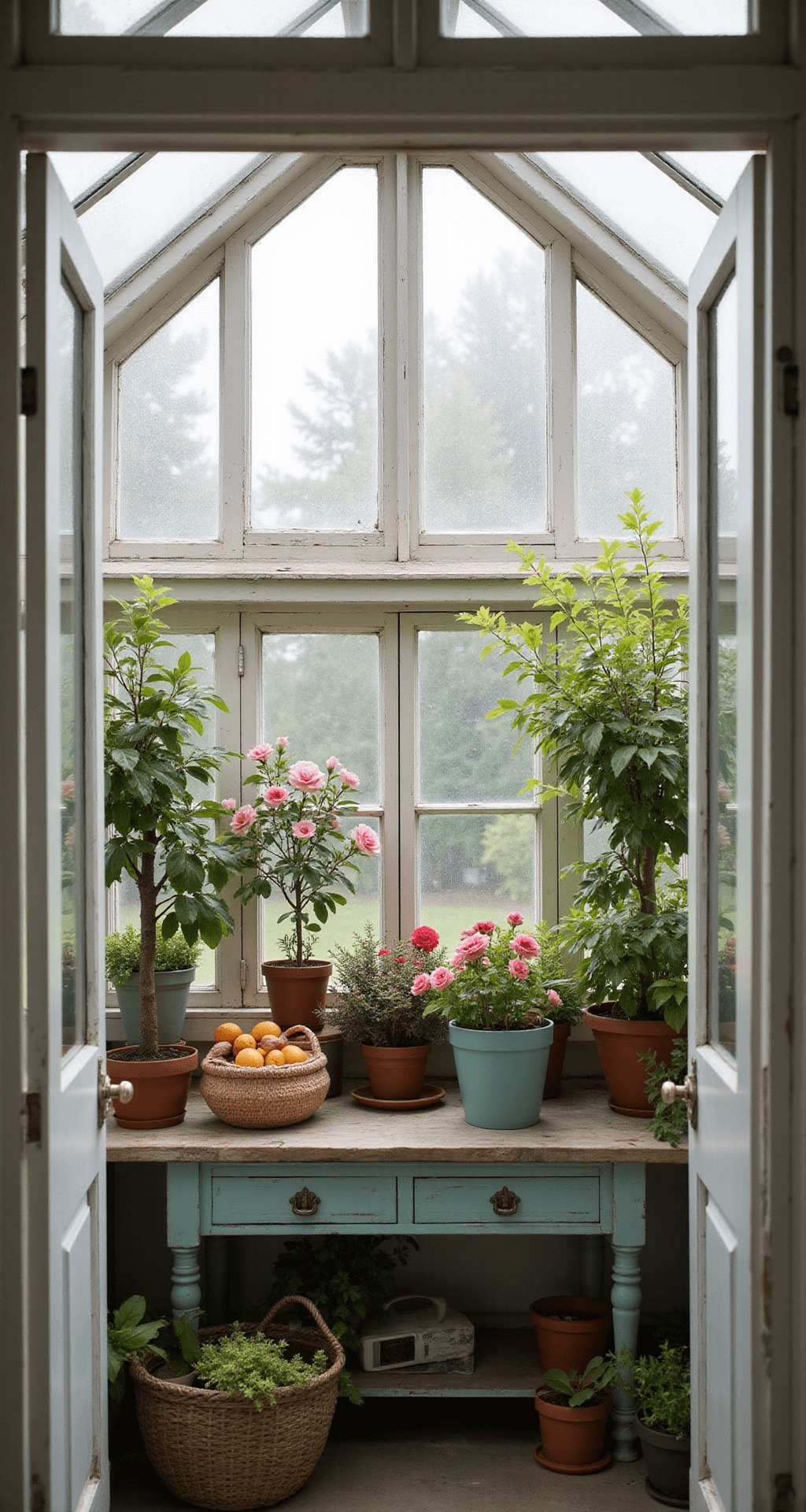 Interior of a cottage-style greenhouse at dawn, featuring a white-painted wood frame and Victorian details. Morning mist filters through the glass panels, illuminating vintage plant stands filled with blooming camellias and citrus trees. A woven basket of fresh-cut flowers rests on a distressed potting bench, all captured in soft, dreamy backlighting.