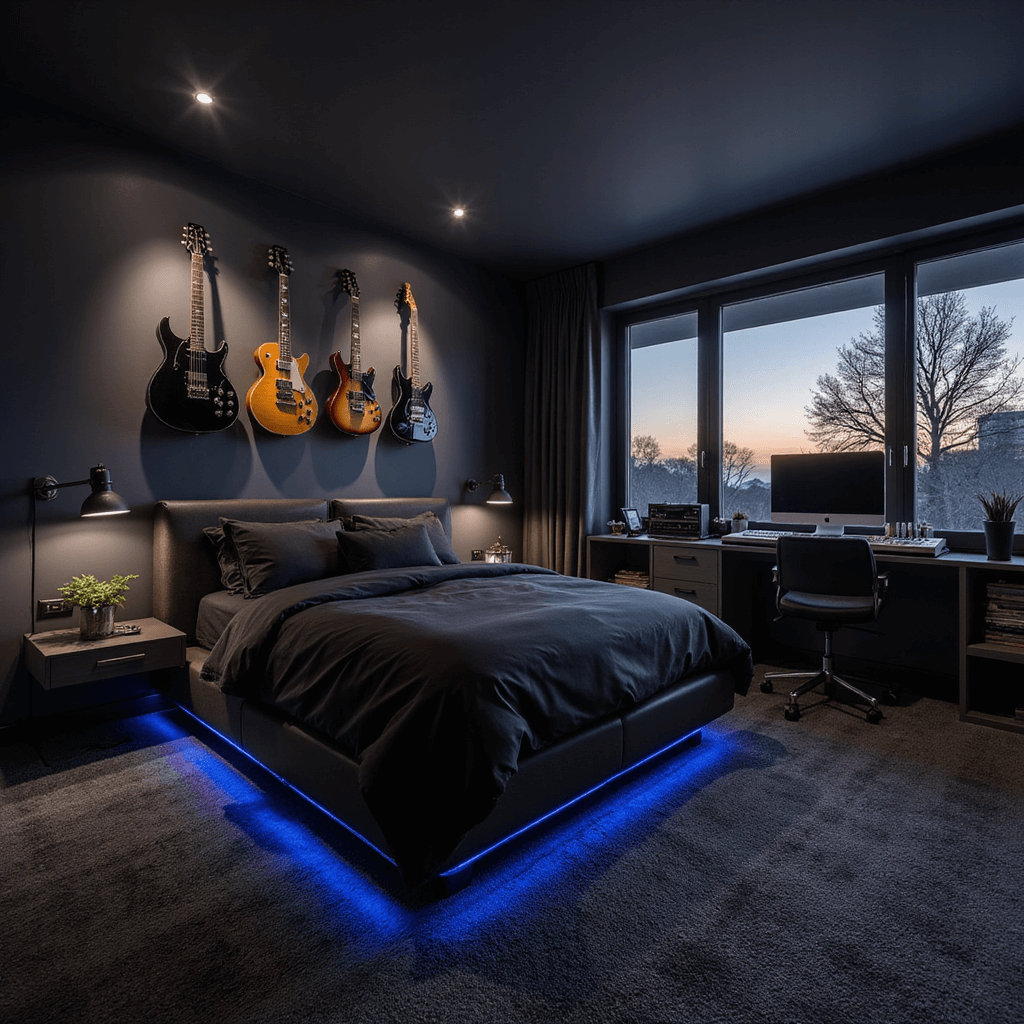 Moody 14x14ft creative music studio bedroom at twilight, featuring a floating guitar display with LED spotlights, a platform bed with black linen bedding, a compact music production desk, vinyl storage in custom shelving, and textured charcoal carpet, all highlighted by ambient blue LED accents.