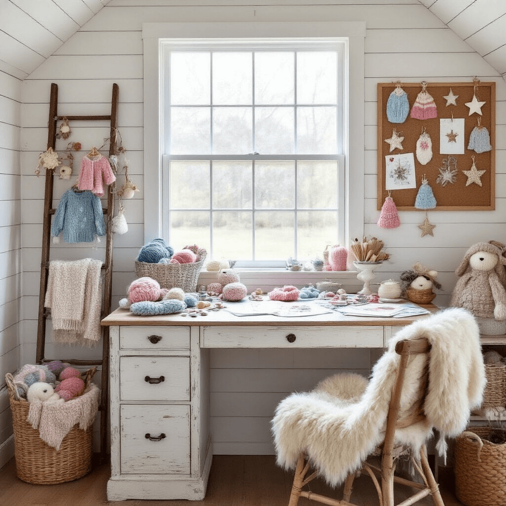 A cozy craft room with white shiplap walls and a large farmhouse window, featuring a vintage wooden desk adorned with colorful yarns, knitting patterns, and half-finished ornaments. An antique ladder displays completed knitted decorations, all in a pastel color scheme. Soft mid-morning light enhances the textures of the yarn and details of the knitted pieces.