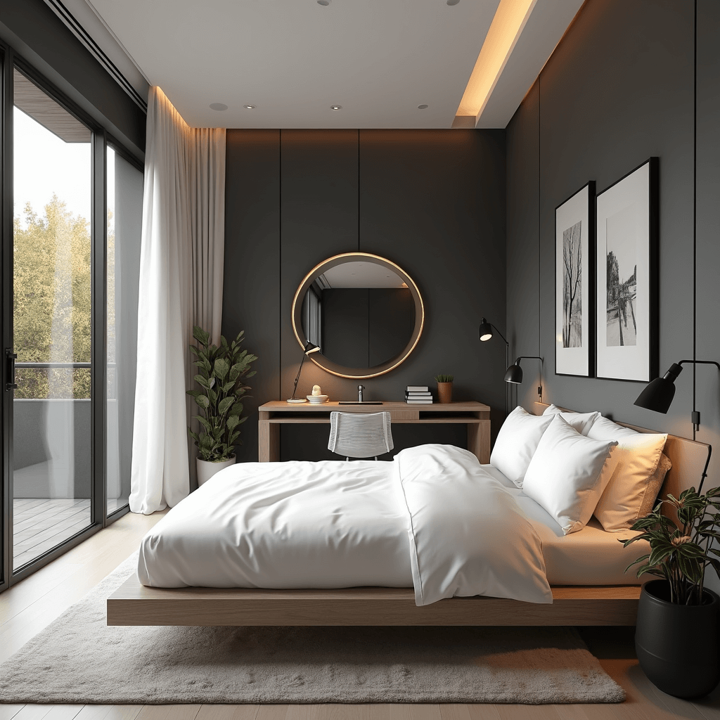 A modern 14x16ft corner bedroom featuring a minimalist platform bed, floating desk, and floor-to-ceiling windows allowing late afternoon sunlight. The walls are painted matte charcoal, complemented by monochromatic artwork, a large circular mirror, and tech elements like a charging station and LED lighting. The room showcases cool grays, whites, and warm wood tones, with a focus on clean lines and layered textures.