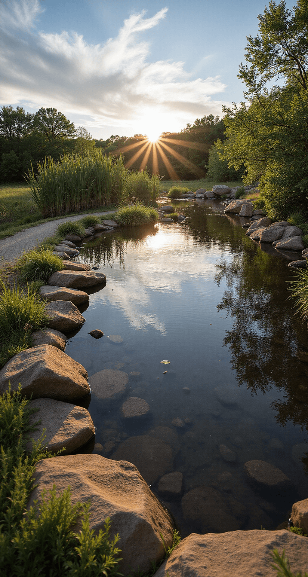 A tranquil clay pond at golden hour, surrounded by river rocks and native wetland plants, with clear reflections and warm light enhancing the serene atmosphere.