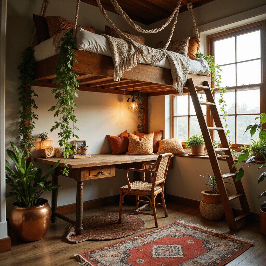 A cozy teen bedroom featuring a lofted bed with macramé hangings, a vintage desk, and rattan chair in a study nook, surrounded by cascading plants in copper planters, layered Moroccan rugs on wooden floors, and decorated with textured pillows in warm colors, captured during golden hour with natural light and pendant lighting.