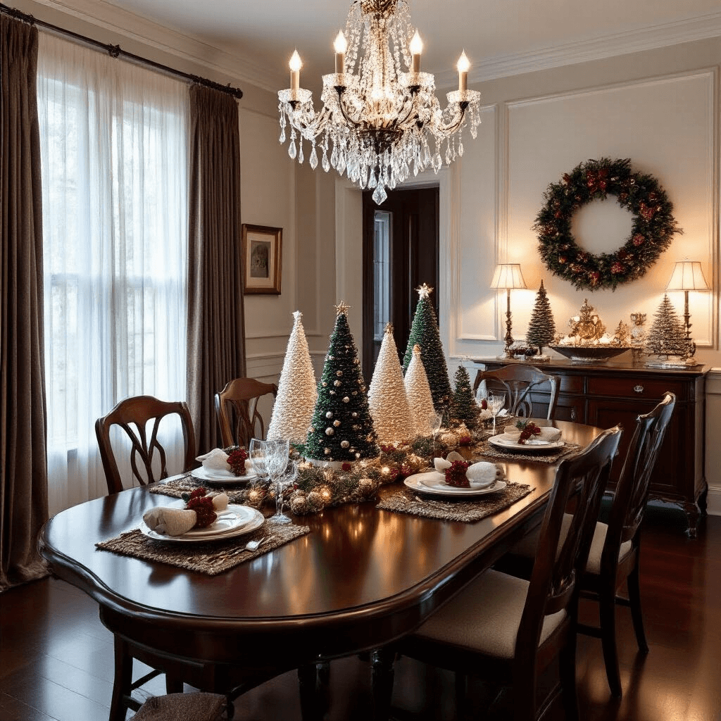 An elegant dining room featuring dark hardwood floors and wainscoting, illuminated by dusk light and a crystal chandelier. A long mahogany table set for a holiday dinner, adorned with handknitted napkin rings shaped like wreaths and a centerpiece of knitted Christmas trees. A sideboard displays knitted bauble ornaments, all in a sophisticated palette of deep burgundy, forest green, gold, and silver.