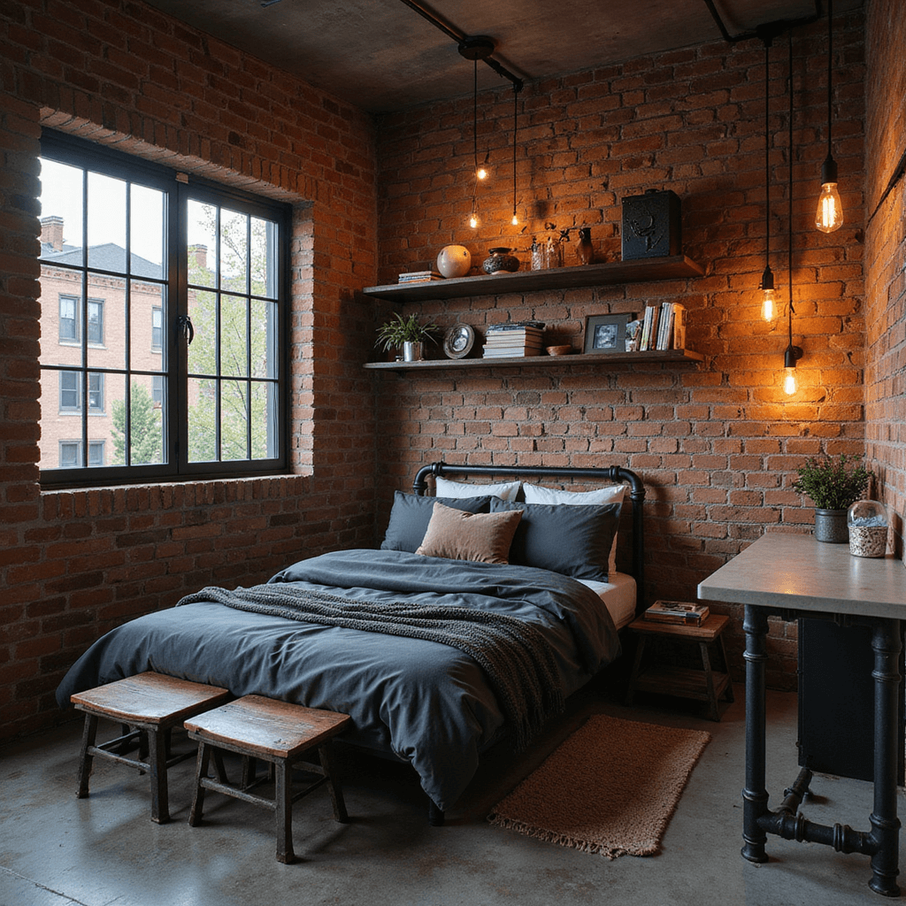 A cozy industrial-inspired teen bedroom featuring an exposed brick accent wall, a metal-framed bed with charcoal linens, and pipe shelving filled with books. A concrete-top desk complements the decor, illuminated by warm Edison bulb fixtures, all captured in moody dusk lighting with a color palette of grays, blacks, and warm metals.