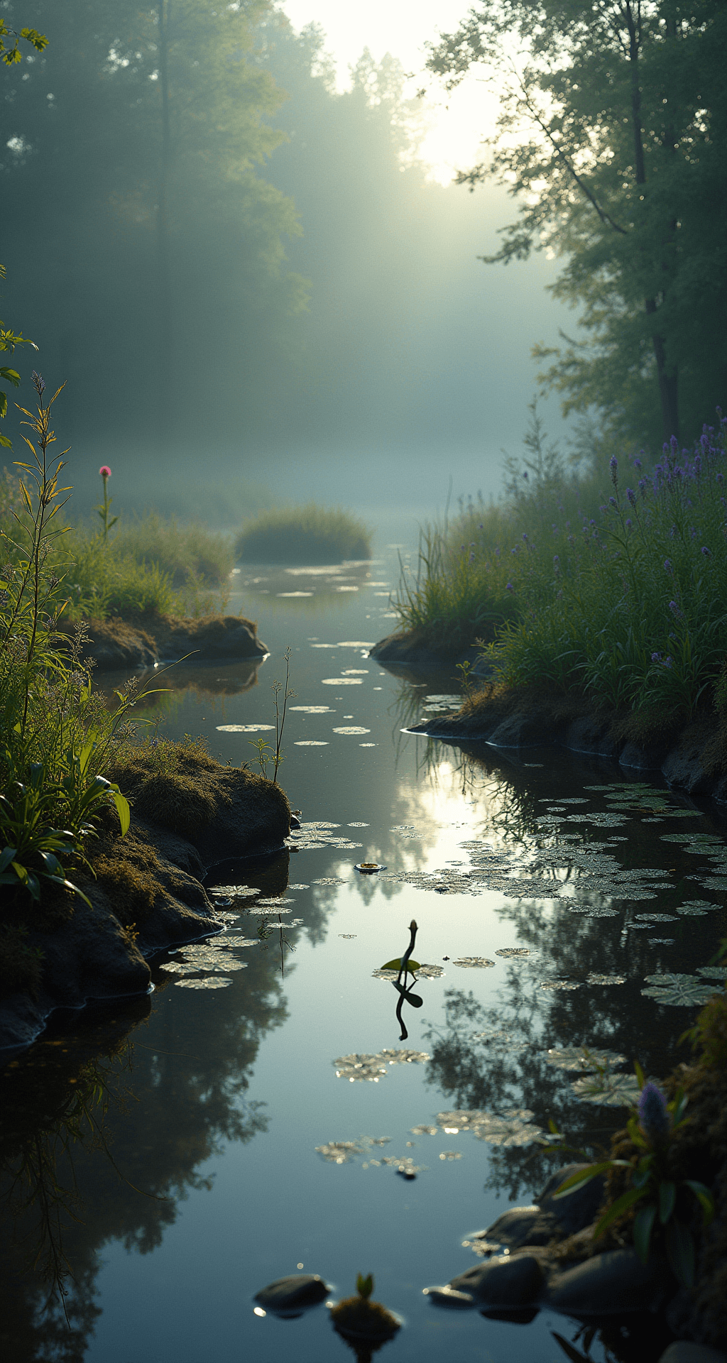 A wide shot of a wildlife-friendly pond habitat at dawn, featuring morning mist. The clear shallows reveal varying water depths, with partially submerged logs and rock clusters providing shelter for wildlife. Native water lilies and marginal plants soften the edges, showcasing rich ecosystem colors of deep greens, browns, and hints of purple loosestrife. The ground-level perspective captures underwater elements illuminated by early directional light, creating a wild and mysterious atmosphere.
