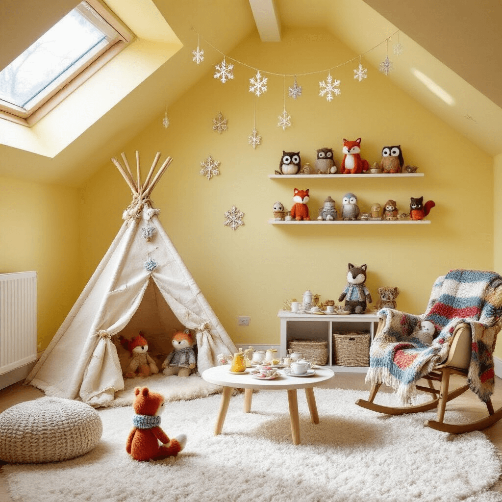 A whimsical children's playroom featuring pale yellow walls and a plush white carpet, illuminated by bright sunlight from skylights. A child-sized teepee adorned with knitted snowflake garlands stands in the corner. A low table hosts a joyful tea party for stuffed animals in cozy knitted attire. Floating shelves display colorful knitted woodland creatures, while a rocking chair draped in a vibrant blanket adds to the playful atmosphere. The scene is viewed from a child's perspective, emphasizing the cheerful tea party and the enchanting decor.