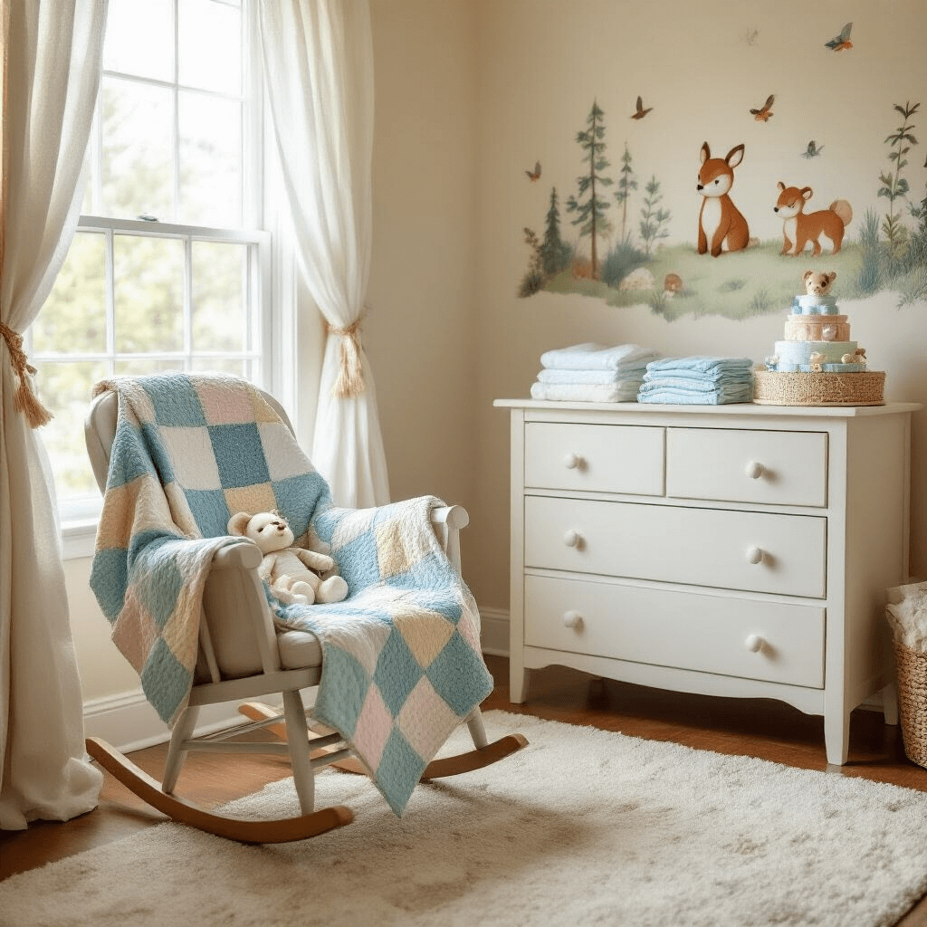 A cozy nursery corner with a rocking chair by a large window, featuring a handmade patchwork baby blanket, a white dresser with folded onesies and a decorated diaper cake, gentle cream walls with a woodland mural, and a plush rug, all bathed in warm afternoon light.