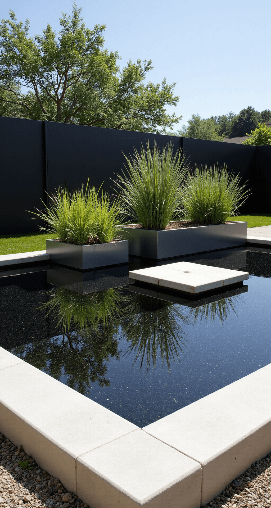 A modern geometric square pond with concrete stepping pads, featuring mirror-black water and horsetail reed in steel planters, surrounded by white limestone coping, captured in bright midday sun to highlight its bold, contemporary design.