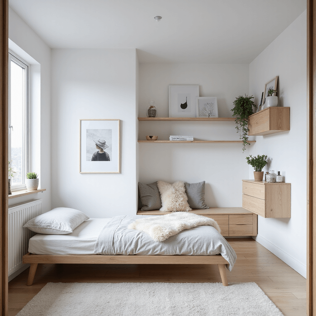 Bright Scandinavian-style teen bedroom featuring white walls and pale pine furniture, with a low-profile bed, floating shelves, a cozy reading nook with a sheepskin throw, and a black and white photography gallery wall. Shot from the doorway, emphasizing clean lines, negative space, and an airy atmosphere.