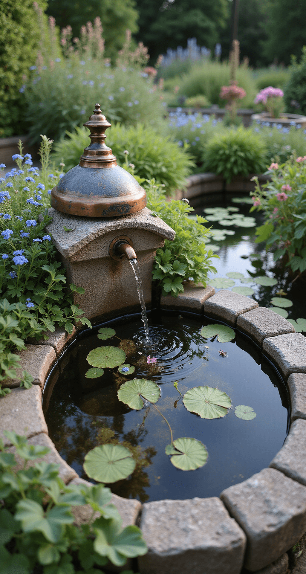 A low angle shot of a circular pond in a cottage garden, surrounded by lush vegetation and flowers. Aged stone edges covered in thyme and forget-me-nots frame the water, while a vintage copper water feature trickles softly. The scene is bathed in warm late afternoon light, creating a nostalgic and dreamlike atmosphere.