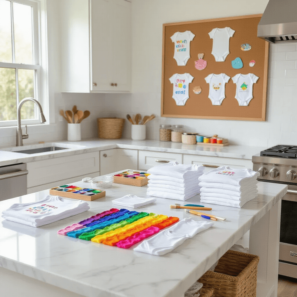 A bright, modern kitchen island with a marble countertop covered in DIY materials for creating personalized onesies. Fabric paints in vibrant colors arranged in a rainbow pattern, alongside brushes and stencils. Neatly stacked white onesies in various sizes, with a cork board above displaying finished designs featuring quirky sayings and cute animal motifs. The kitchen features white cabinets and stainless steel appliances, with bright natural light illuminating the workspace from nearby windows and under-cabinet LED lighting.