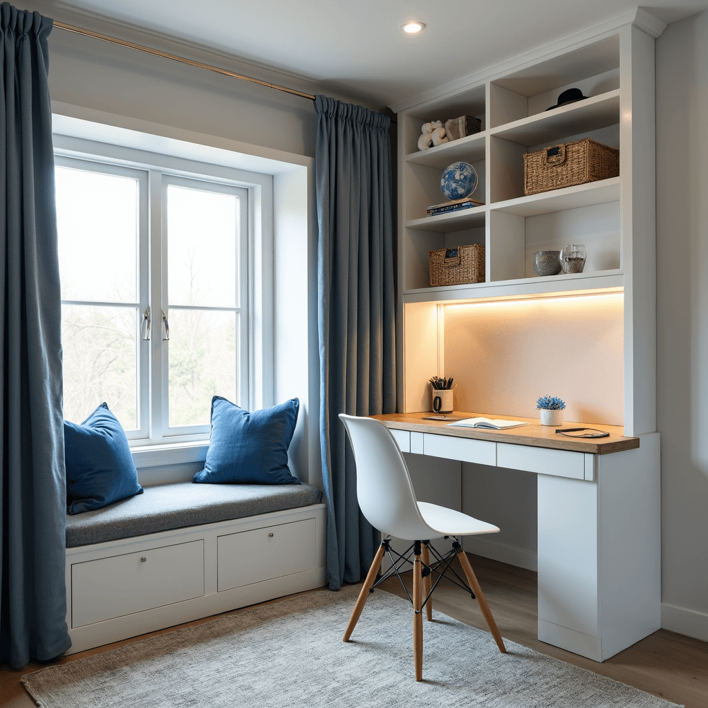 Contemporary teen bedroom with built-in storage, window seat with hidden compartments, a folding murphy desk, and modular cube storage in white lacquer, all bathed in natural light and accented by cool blues and warm grays.