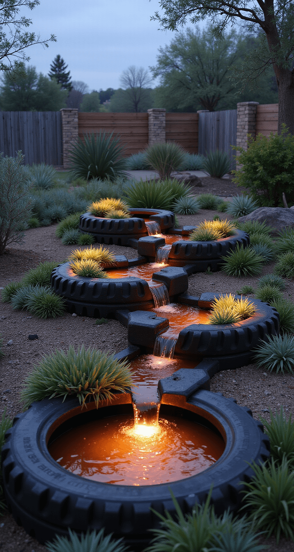 A dusk shot of a recycled tire pond installation featuring painted tractor tires in a 3-tier design, with water cascading between levels and illuminated by LED uplighting. Drought-tolerant succulents grow from tire walls, creating a blend of industrial and organic aesthetics with black tires, copper water tones, and silver-green plants.